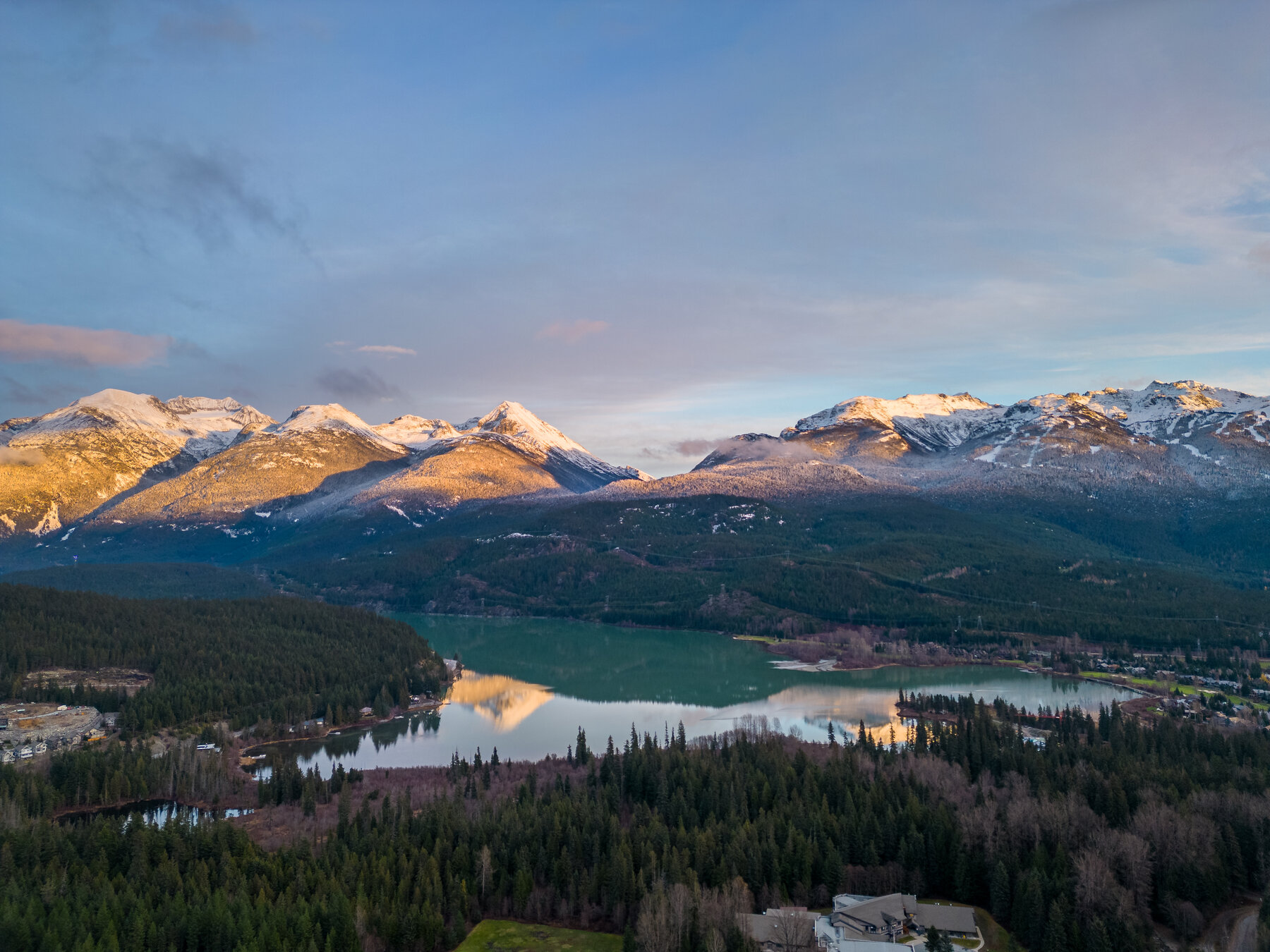 Aerial view of Whistler valley at sunset